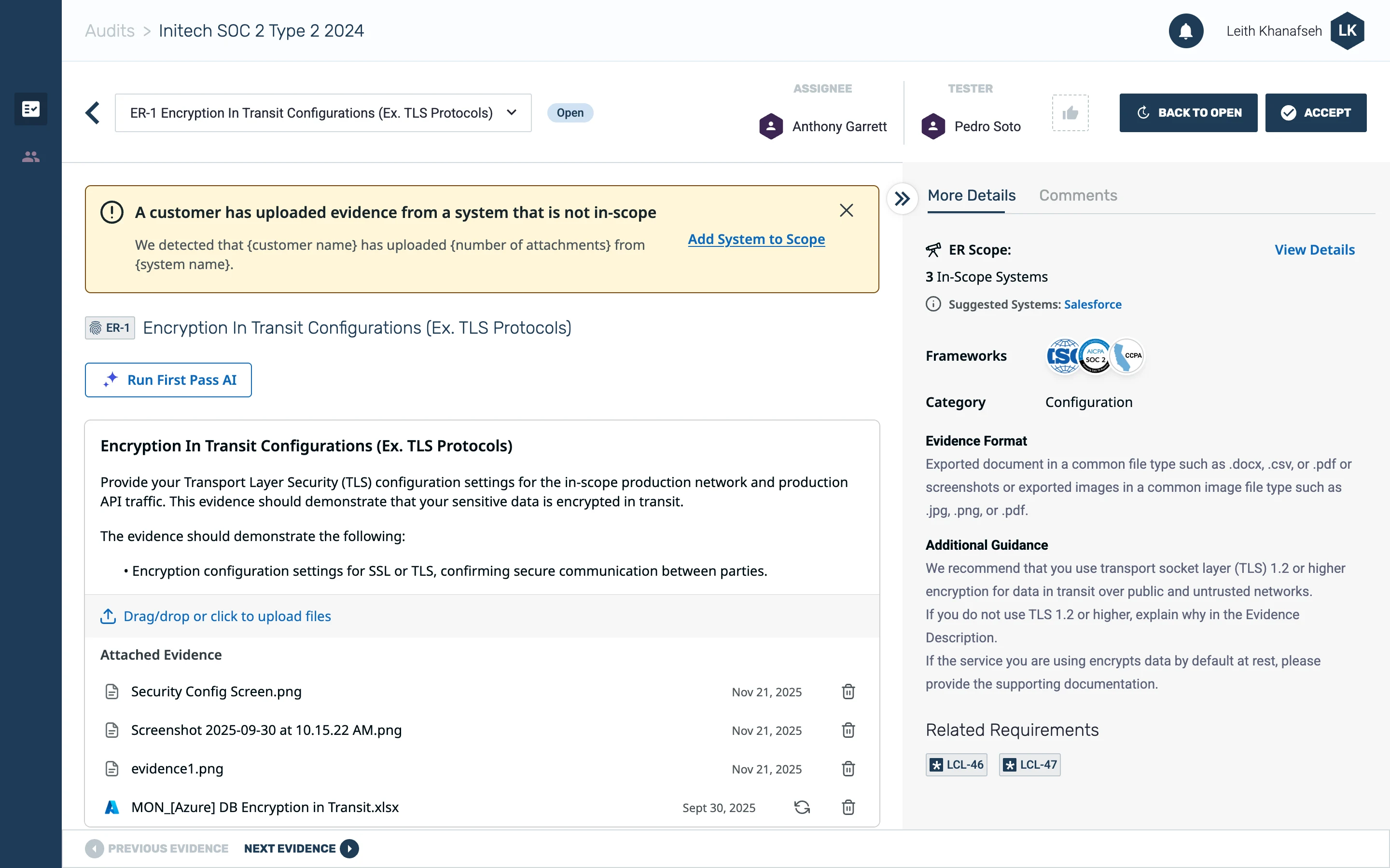 The auditor evidence review page with an alert that a customer uploaded evidence from a system that is not in scope, and an Add System to Scope link