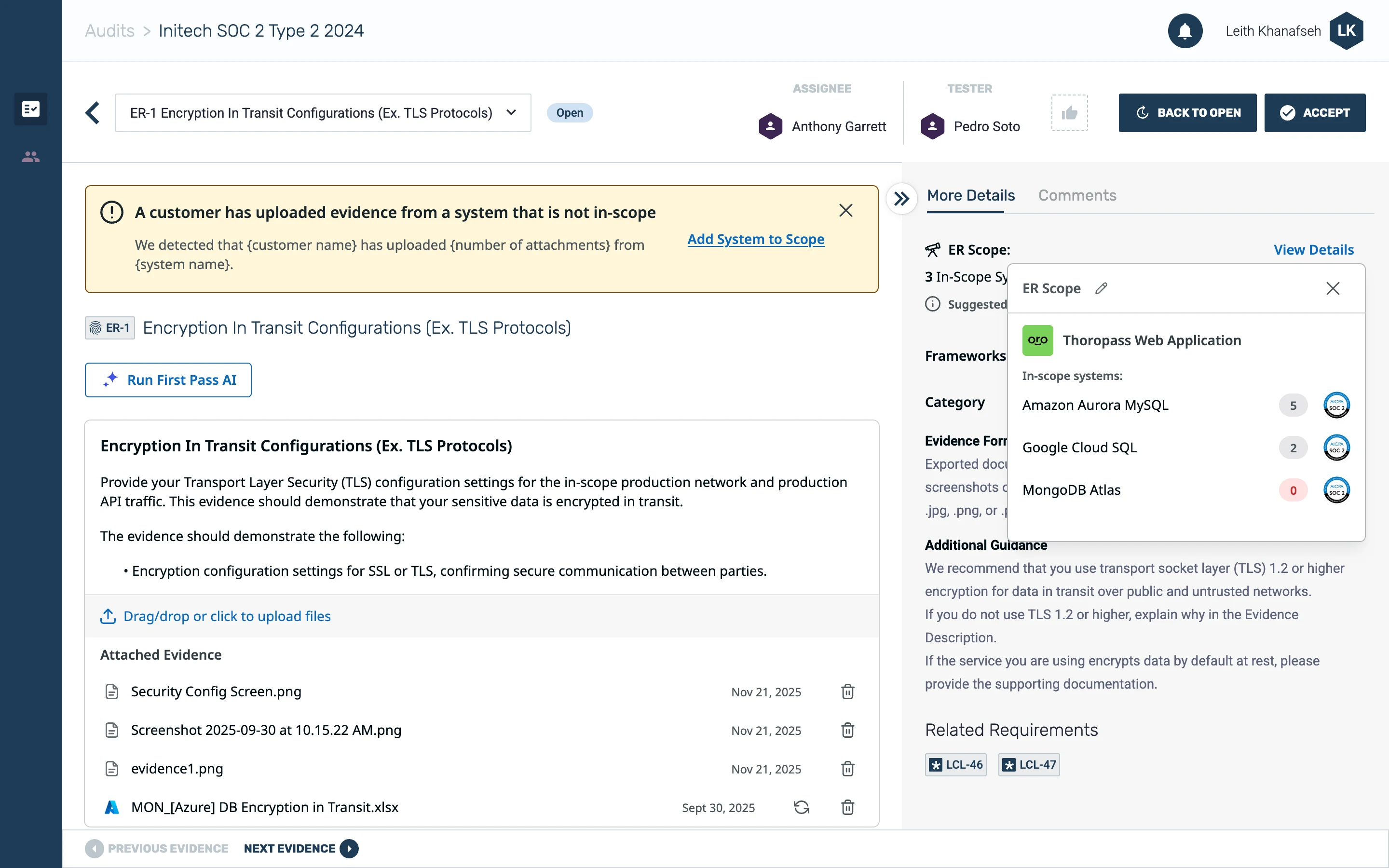 The auditor evidence review page with the ER Scope panel open, listing in-scope systems with an evidence count for each and MongoDB Atlas at zero