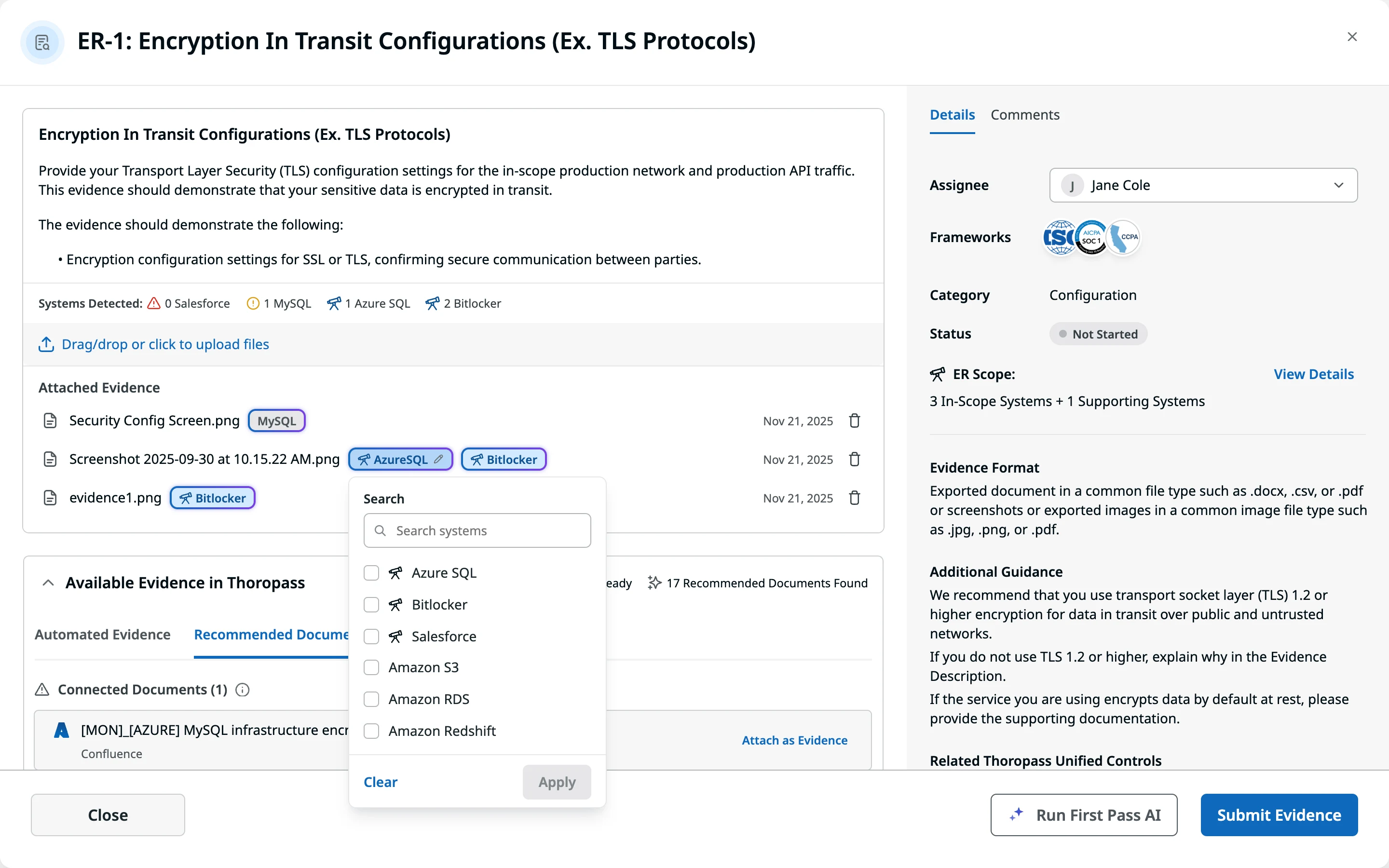 The evidence request after upload, with Systems Detected counts, each attached file tagged with its source system, and the AzureSQL tag clicked open into a menu to search and choose systems