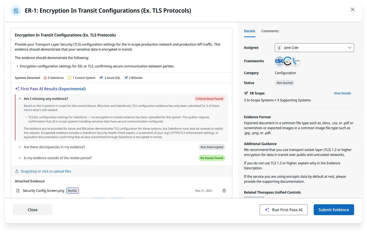 First Pass AI Results naming the exact gap: TLS configuration evidence is missing specifically for Salesforce, with the other in-scope systems already covered