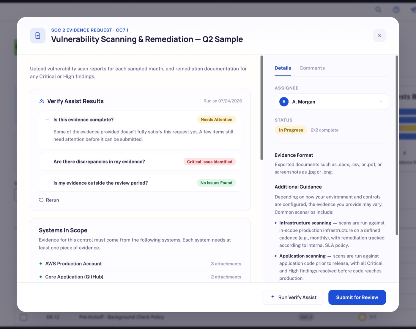 Original evidence request modal showing a single vague flag: Some of the evidence provided doesn't fully satisfy this request yet