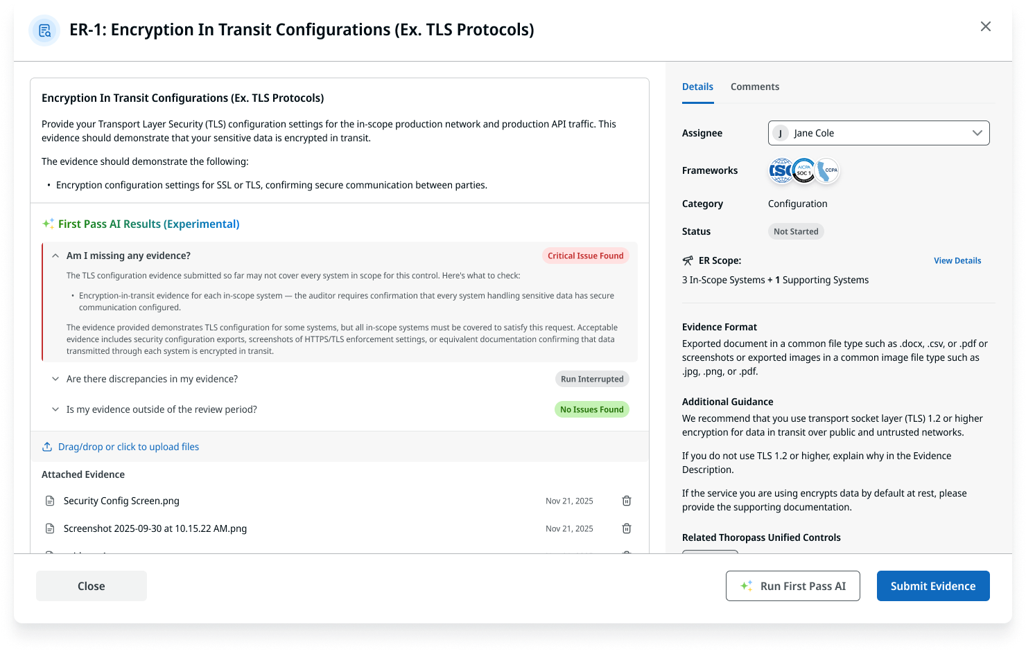 First Pass AI Results flagging a critical issue but describing it generically: check encryption-in-transit evidence for each in-scope system, without naming which one