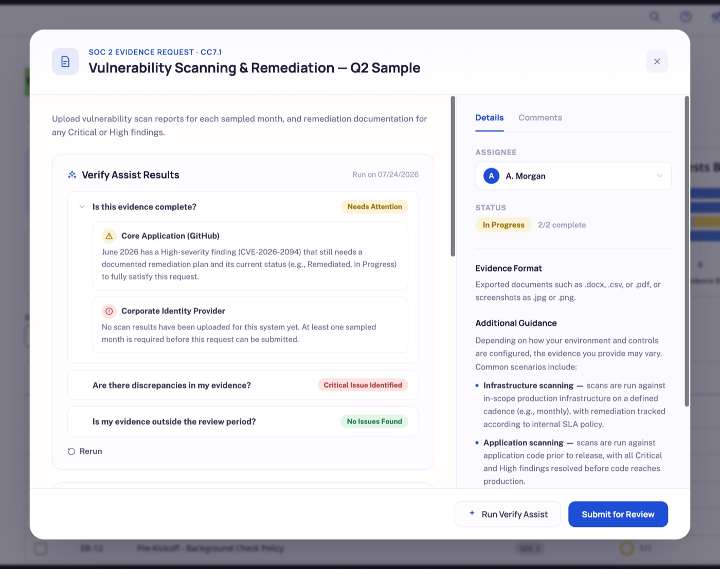 The redesigned evidence request modal, showing Verify Assist Results that flag an incomplete evidence upload and a discrepancy in submitted evidence
