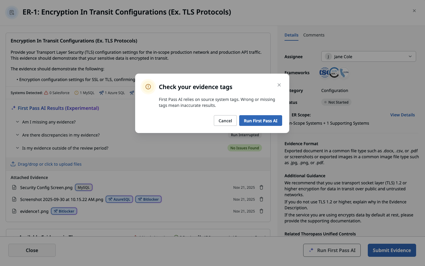 ER-1 evidence request modal with a "Check your evidence tags" confirmation: First Pass AI relies on source system tags, and wrong or missing tags mean inaccurate results, with Cancel and Run First Pass AI buttons