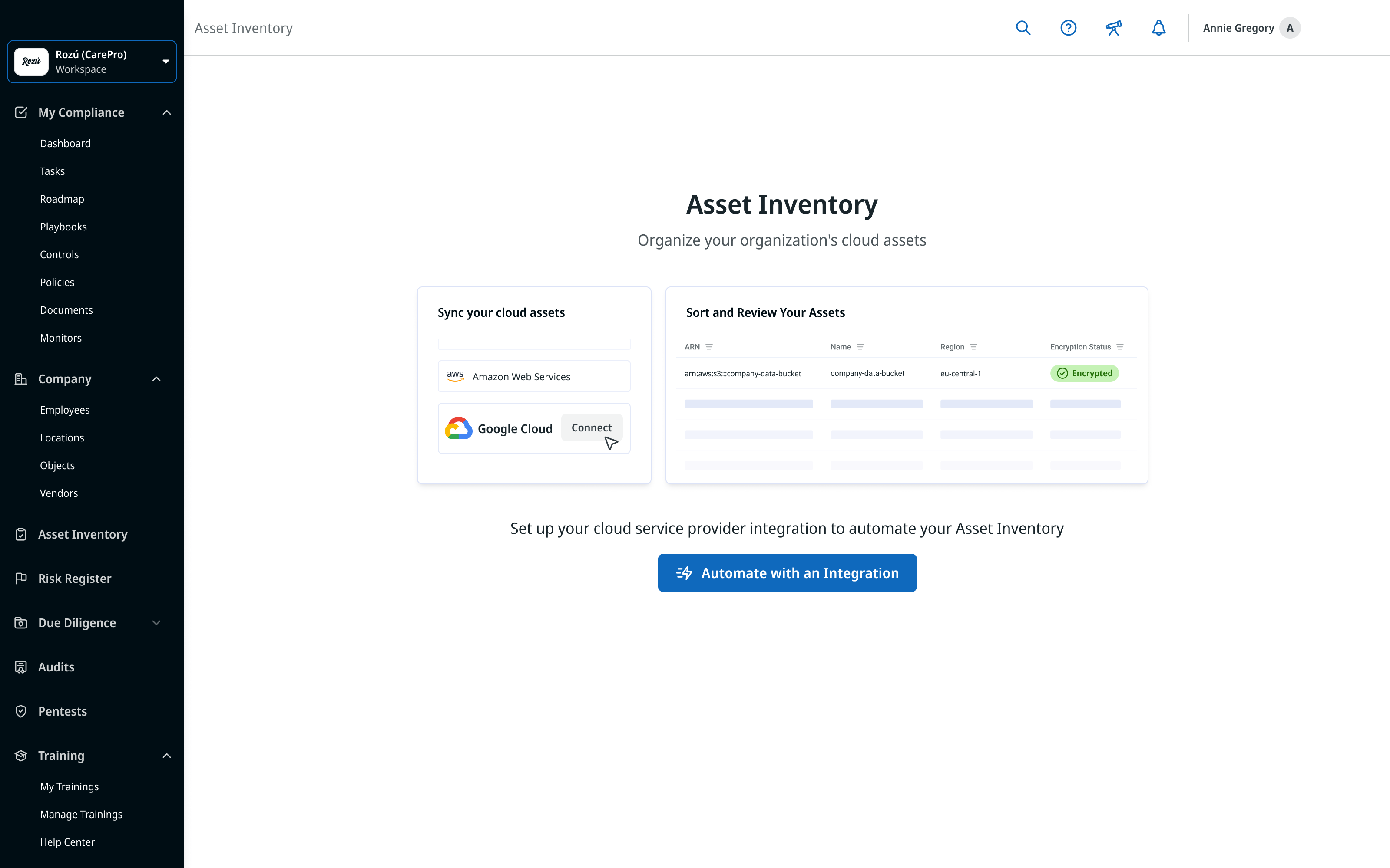 Asset Inventory empty state, showing cloud-provider sync cards for AWS and Google Cloud alongside an Automate with an Integration call to action