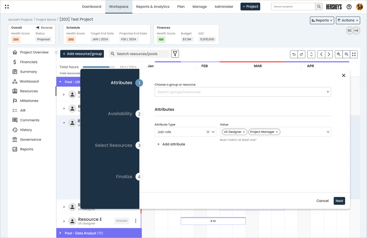 Step 1, Attributes: choosing a group or resource and filtering by job role and other custom attributes
