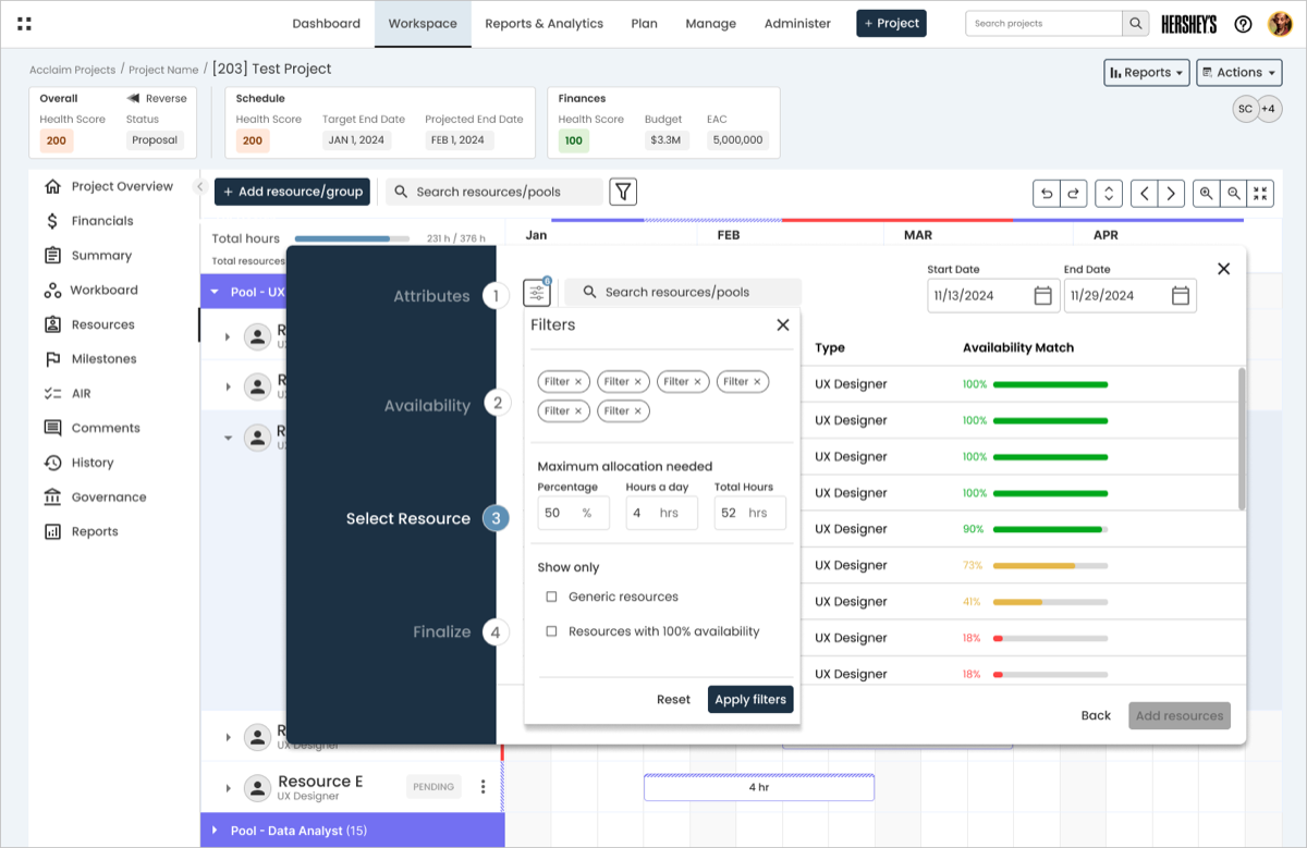 Step 3, Select Resource: a ranked list of matching resources with availability-match percentages, alongside a filter panel