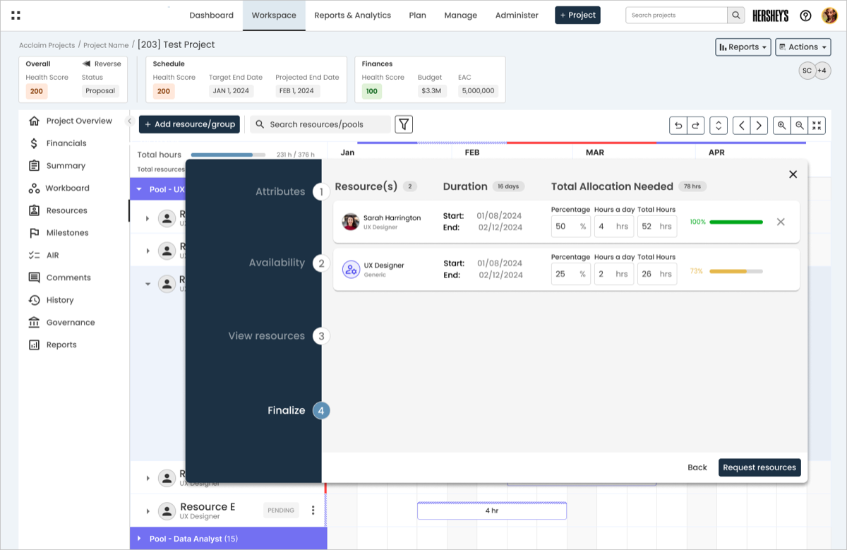 Step 2, Finalize: splitting a request's allocation across two resources, each with its own percentage, hours per day, and total hours