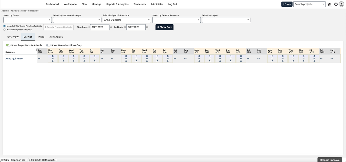 The original resource allocation view, a dense data table of weekly hour totals per resource with no visual indication of over- or under-allocation