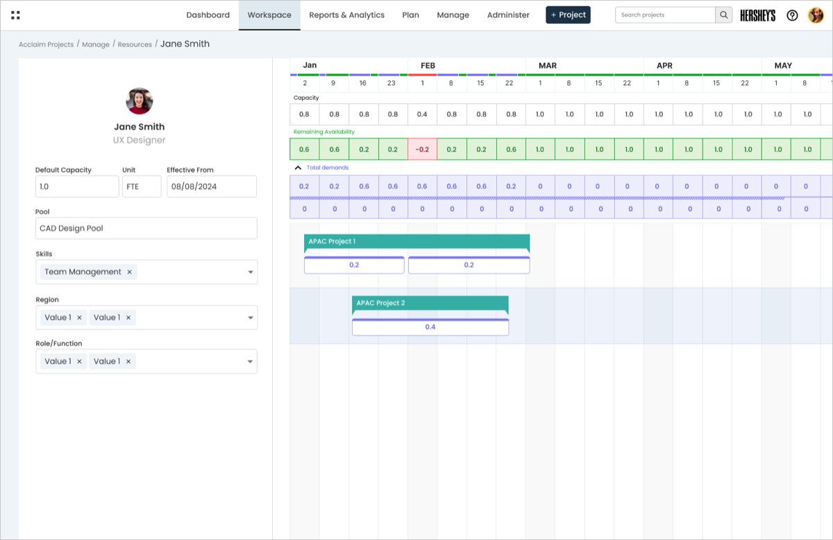 An individual resource's detail page, showing capacity, remaining availability, and demands across all projects on a timeline
