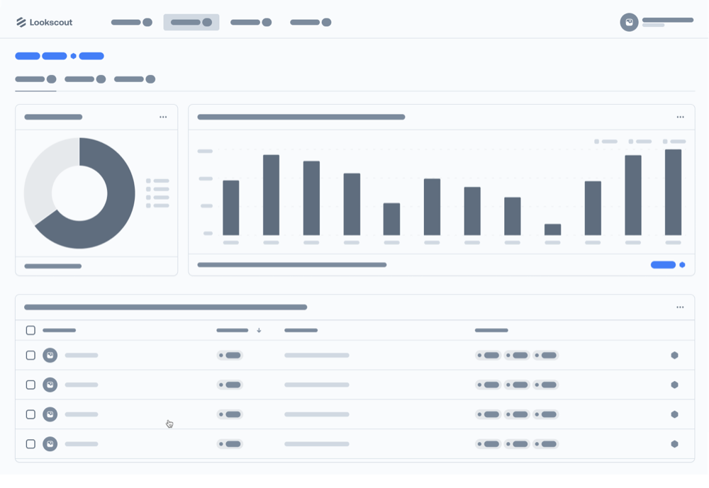 Higher-fidelity dashboard mockup with a donut chart, bar chart, and paginated data table