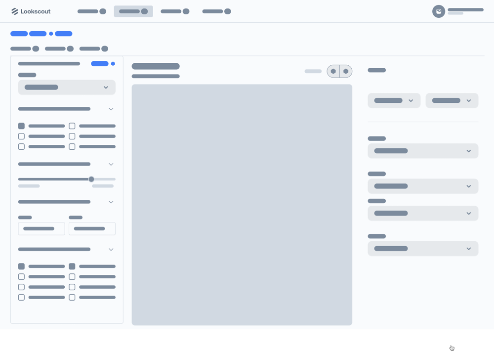 Low-fidelity wireframe of a filter and detail panel with checkboxes, sliders, and dropdowns
