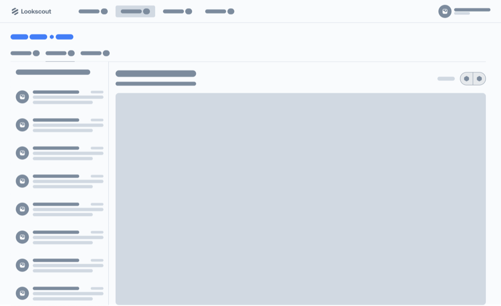 Low-fidelity wireframe of a list view with a left sidebar of filters