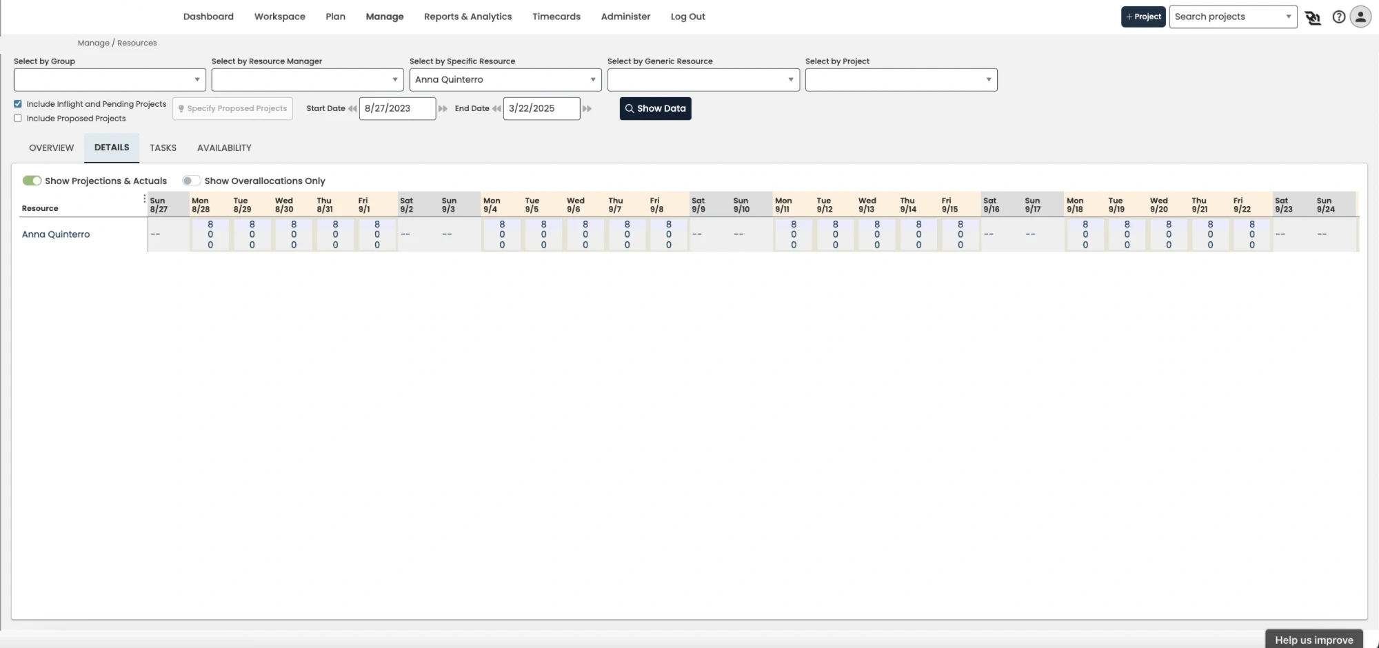 The original Resource Manager details calendar, a daily grid showing stacked hour totals for one resource