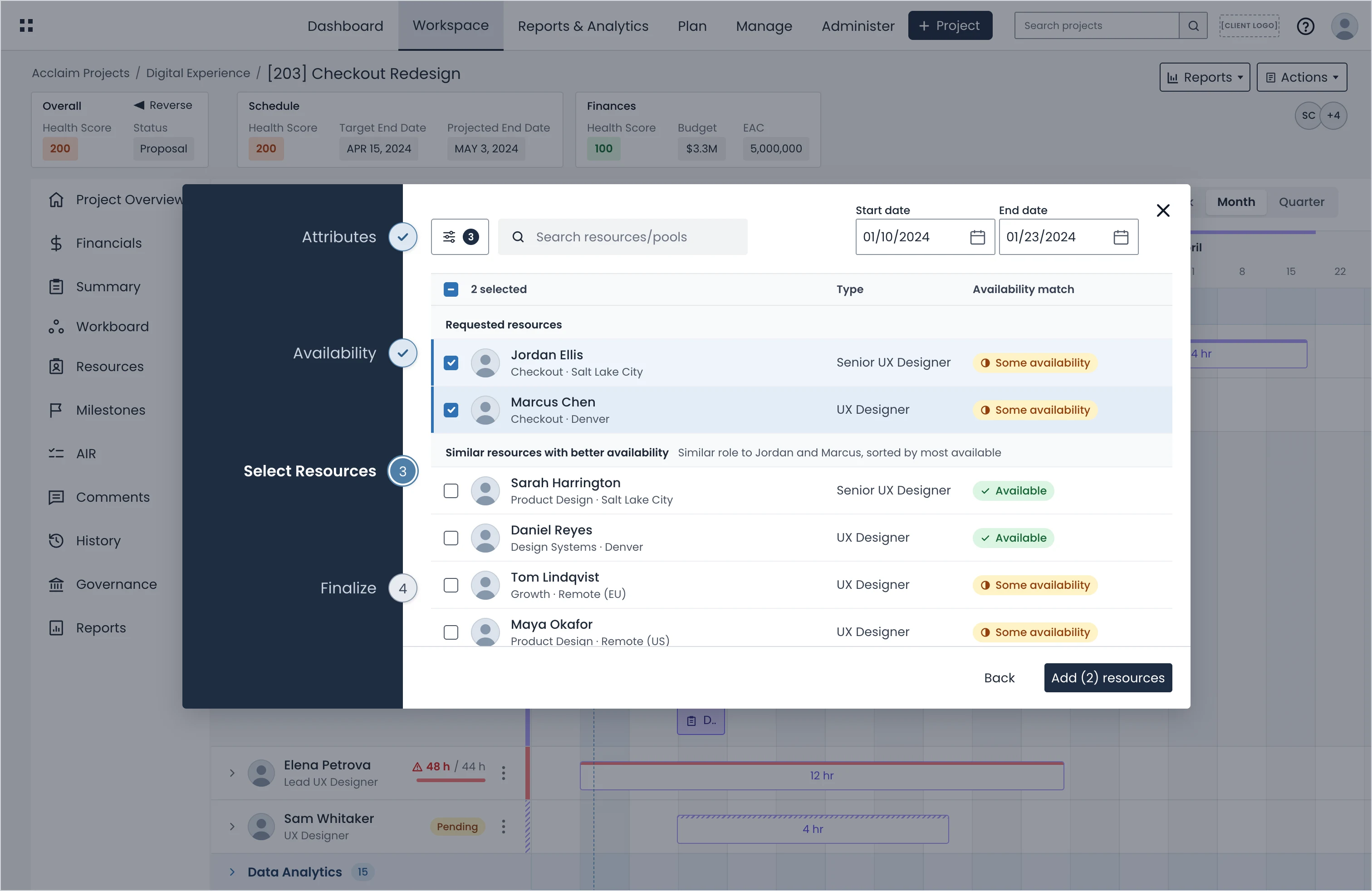 The Select Resources step of the request flow, listing the requested people and similar people with an availability tag for each