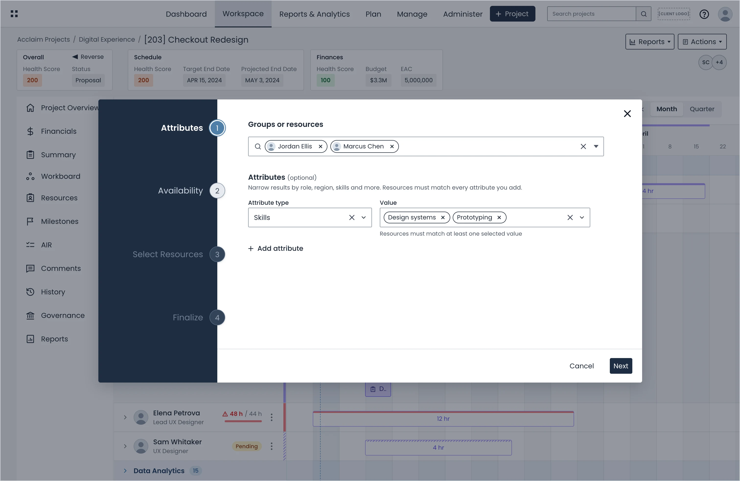 The Attributes step of the request flow, with a required Groups or resources field and optional attribute filters