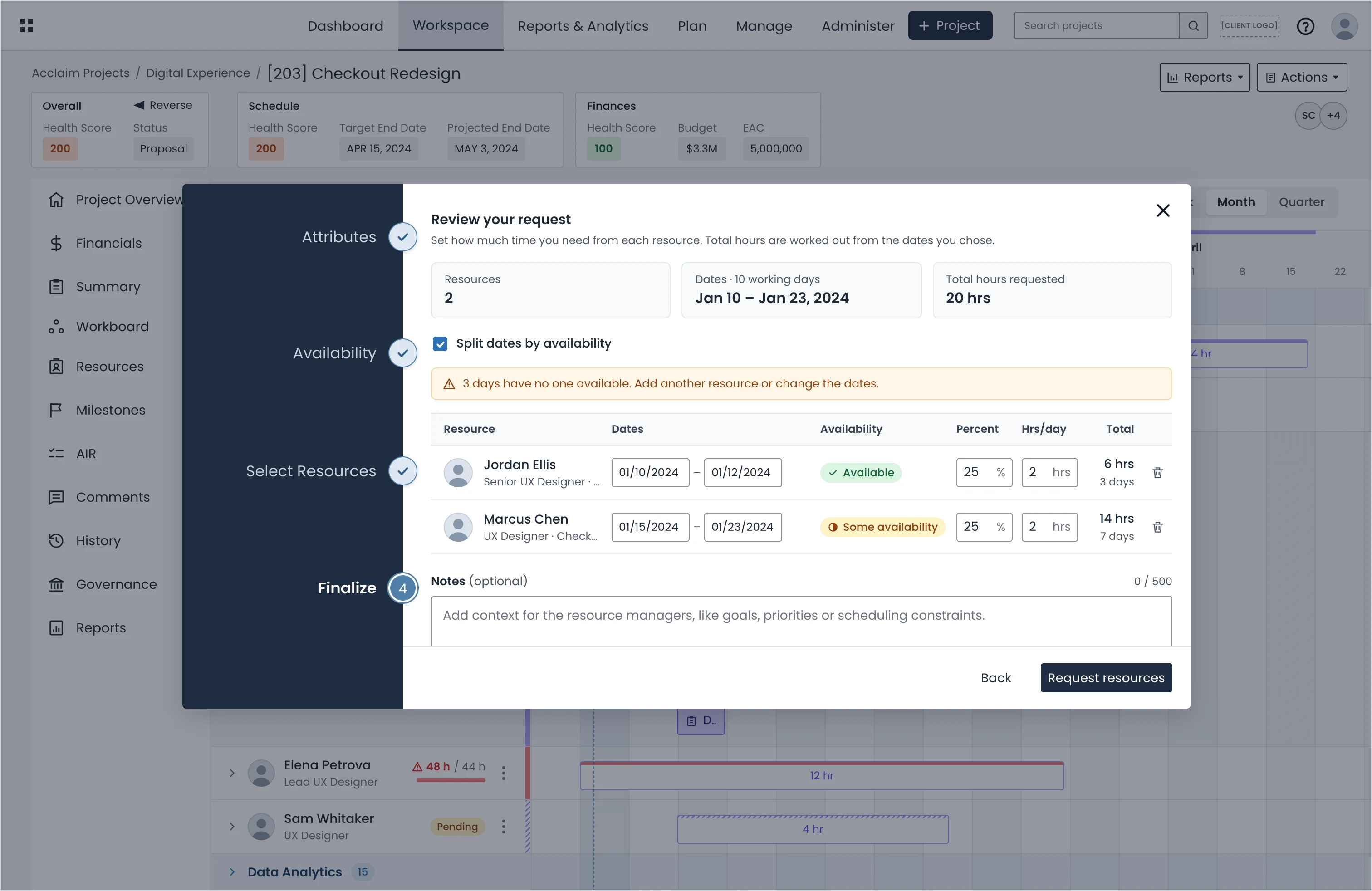 The Finalize step of the request flow with Split dates by availability ticked, giving Jordan Ellis Jan 10 to 12 and Marcus Chen Jan 15 to 23