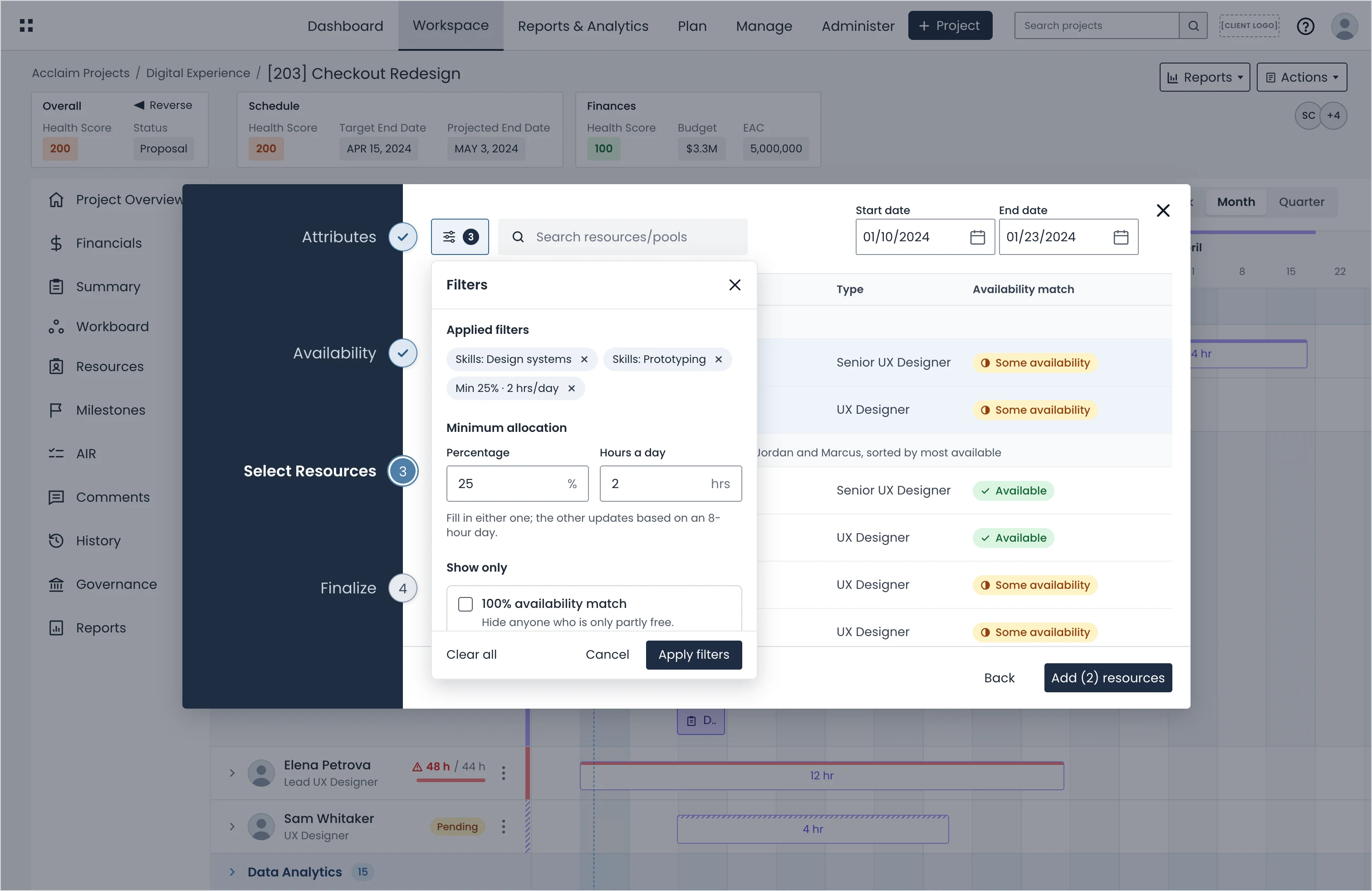 The Select Resources step with the filters panel open, showing earlier selections as removable filters