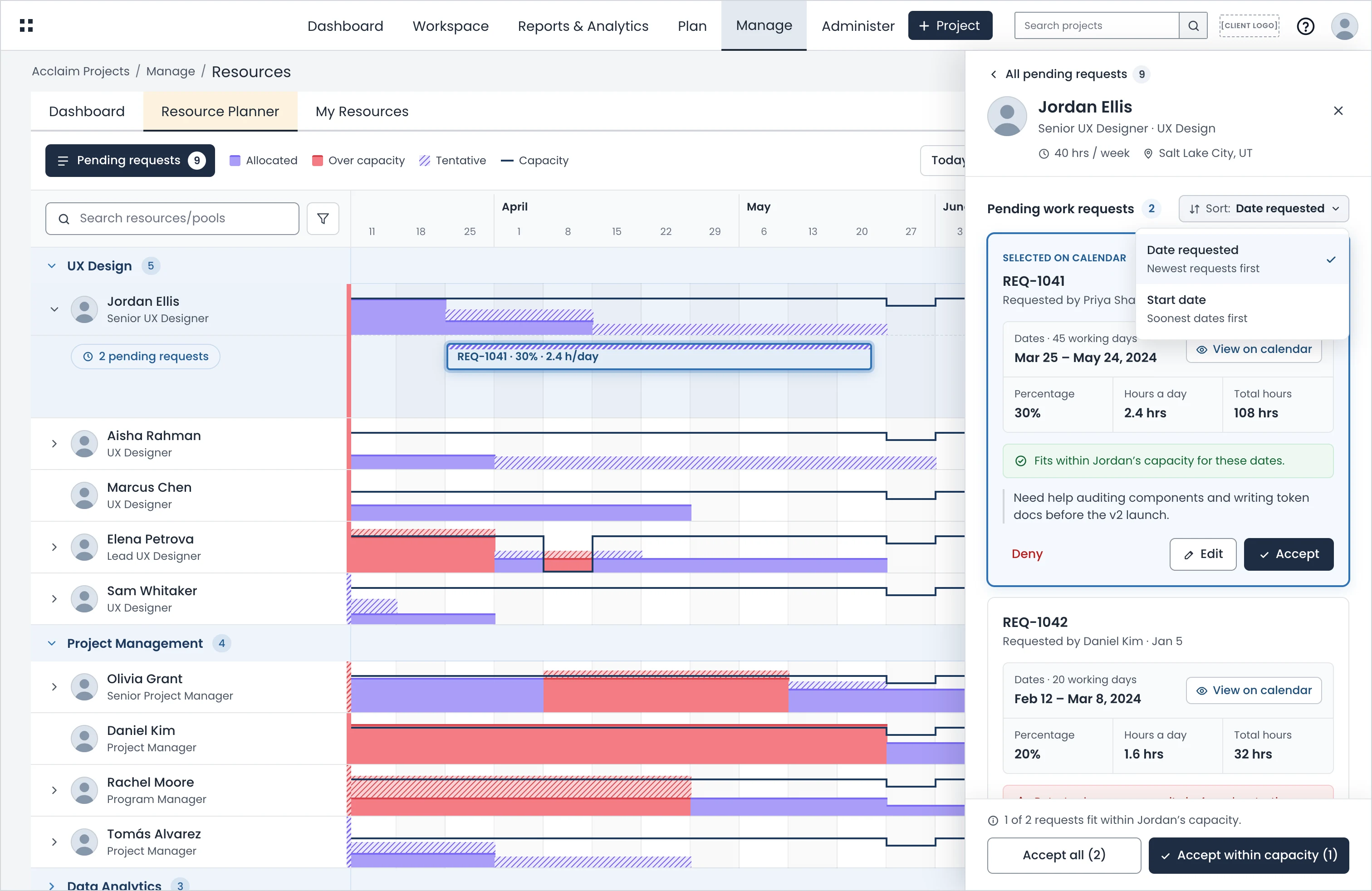 Jordan Ellis’s pending requests in the Resource Planner side panel, with the sort menu open
